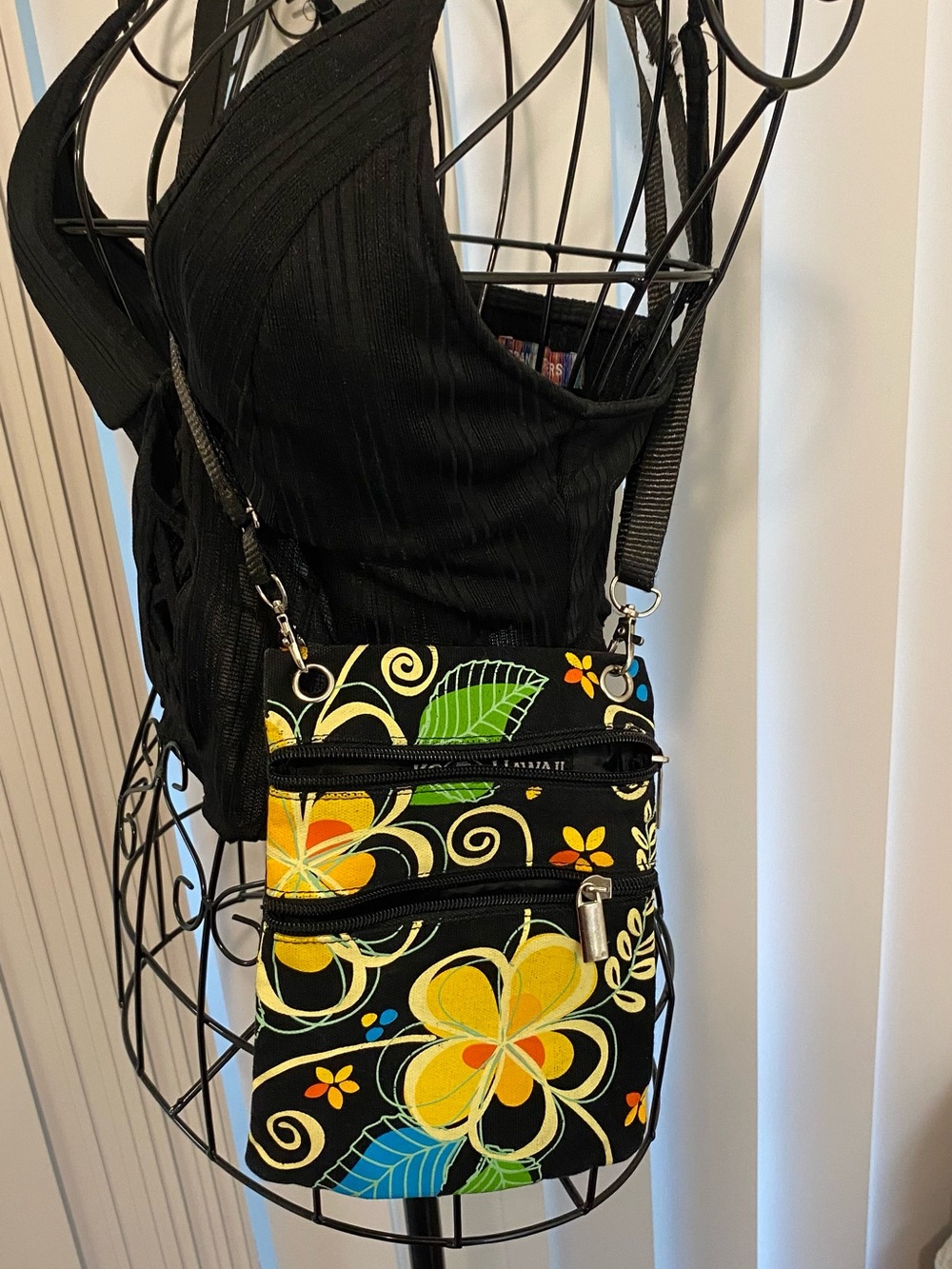 Black Floral Crossbody Bag with Yellow and Blue Accents - Picture 12 of 12